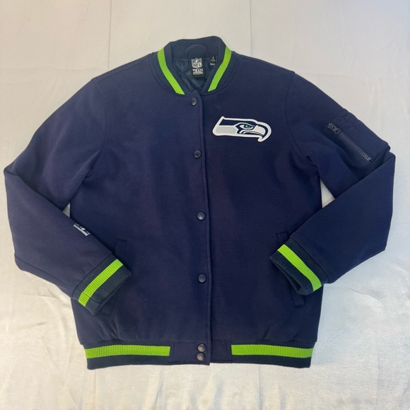 Seattle Seahawks NFL Team Apparel Navy and Green Varsity Bomber Full Snap Jacket - Picture 1 of 13